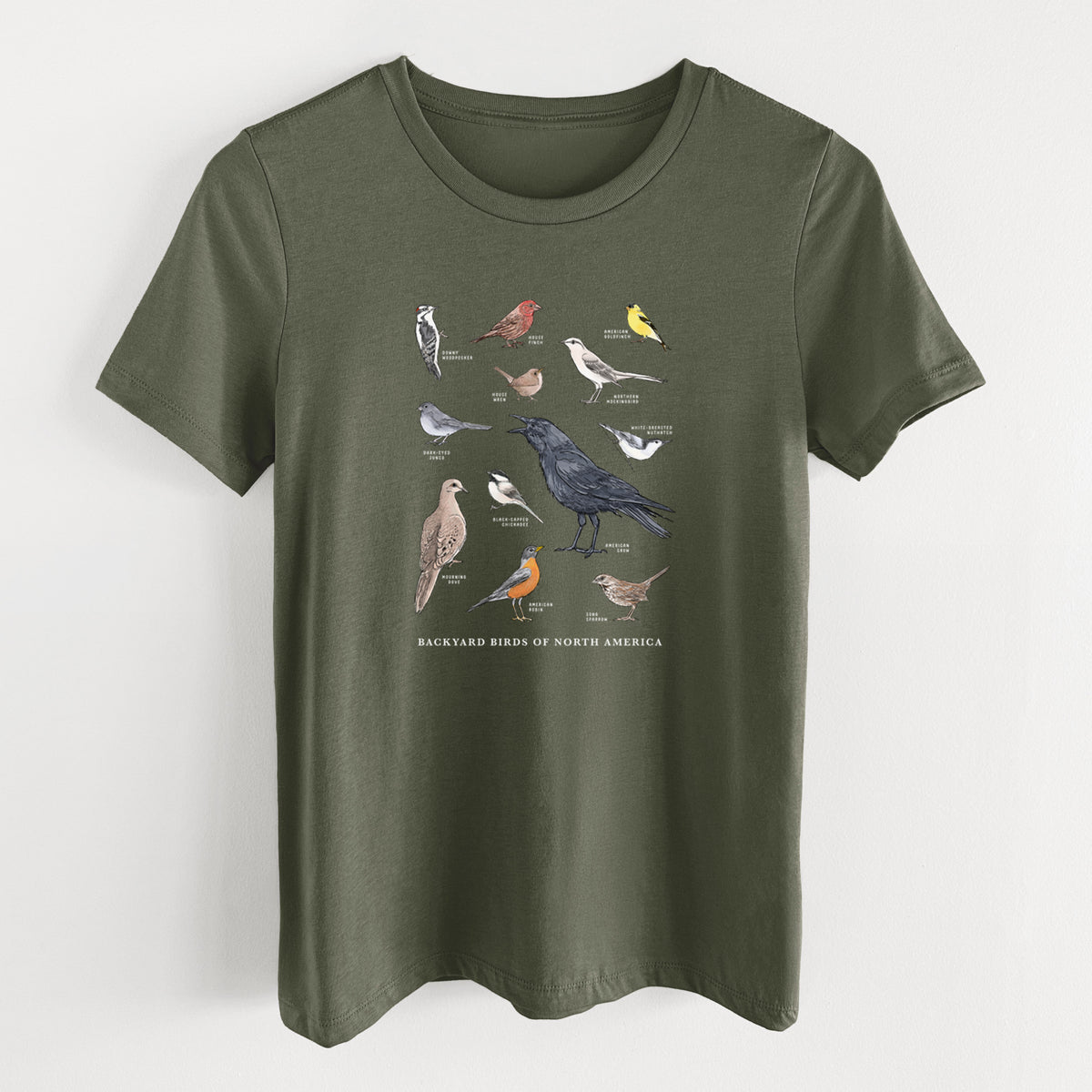 Military green women's relaxed fit cotton t-shirt laid flat, printed with a full-color chart of North American backyard birds, each labeled with its species.