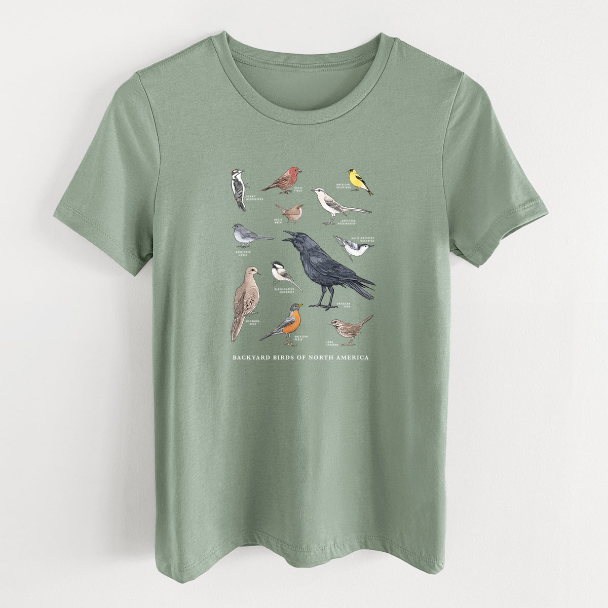 Sage green women's relaxed fit cotton t-shirt laid flat, printed with a full-color chart of North American backyard birds, each labeled with its species.