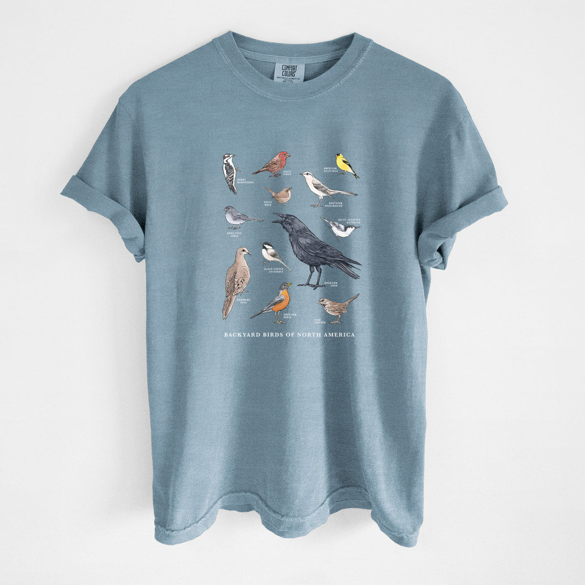 Steel blue Comfort Colors t-shirt laid flat, printed with a full-color chart of North American backyard birds, each labeled with its species.
