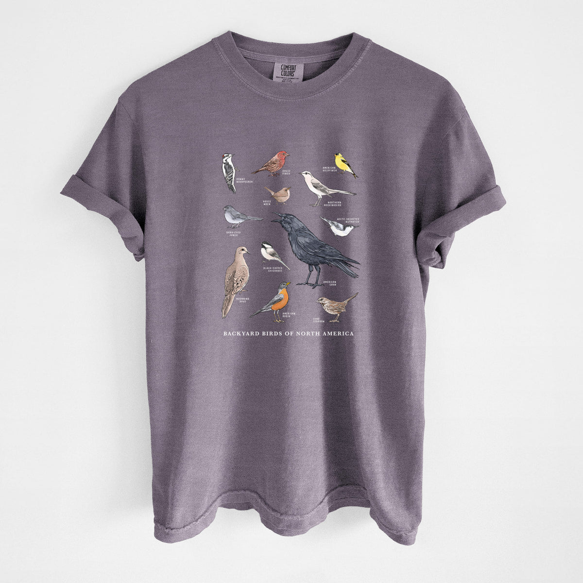 Wine red Comfort Colors t-shirt laid flat, printed with a full-color chart of North American backyard birds, each labeled with its species.