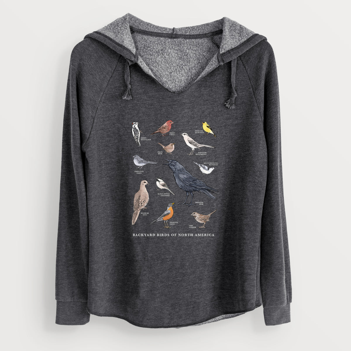 Charcoal grey women's Cali Wave hooded sweatshirt laid flat, printed with a full-color chart of North American backyard birds, each labeled with its species.