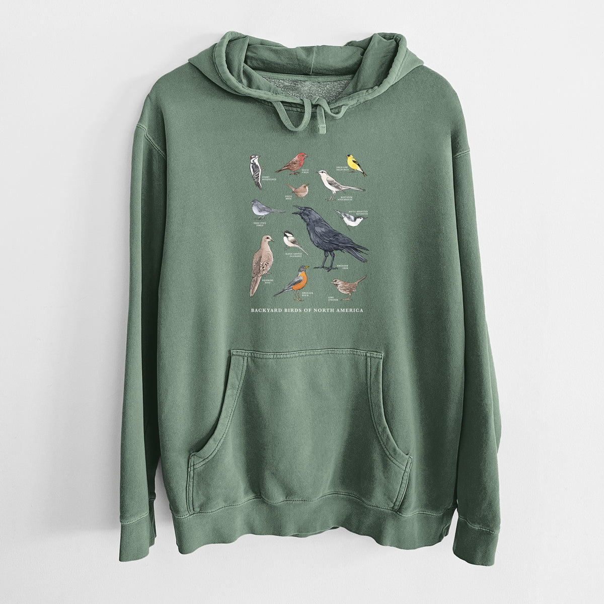 Alpine green pigment dyed hoodie laid flat, printed with a full-color chart of North American backyard birds, each labeled with its species.