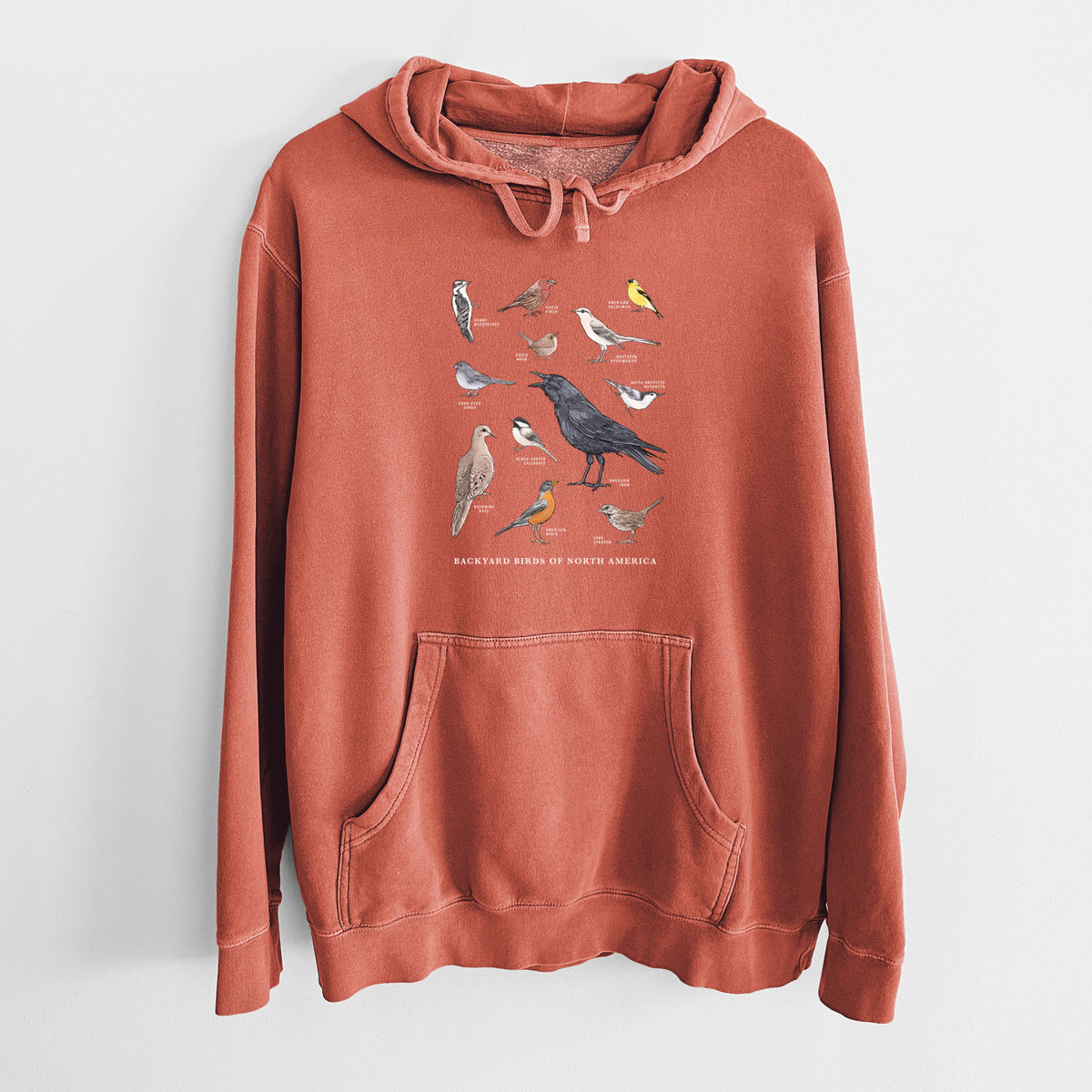 Amber orange pigment dyed hoodie laid flat, printed with a full-color chart of North American backyard birds, each labeled with its species.