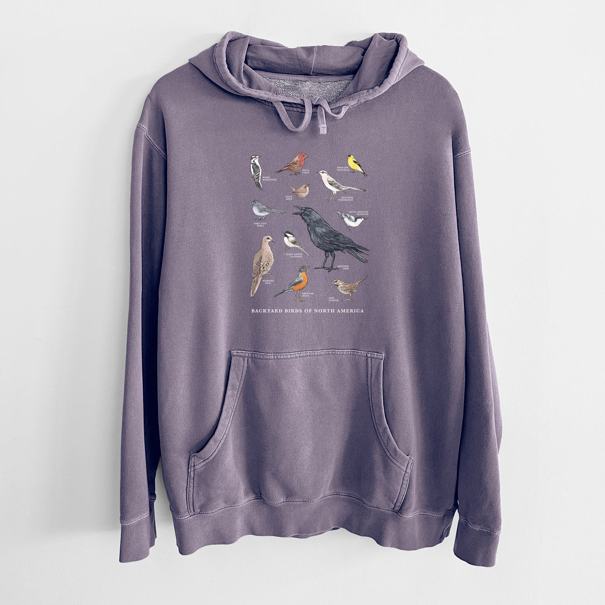 Plum purple pigment dyed hoodie laid flat, printed with a full-color chart of North American backyard birds, each labeled with its species.