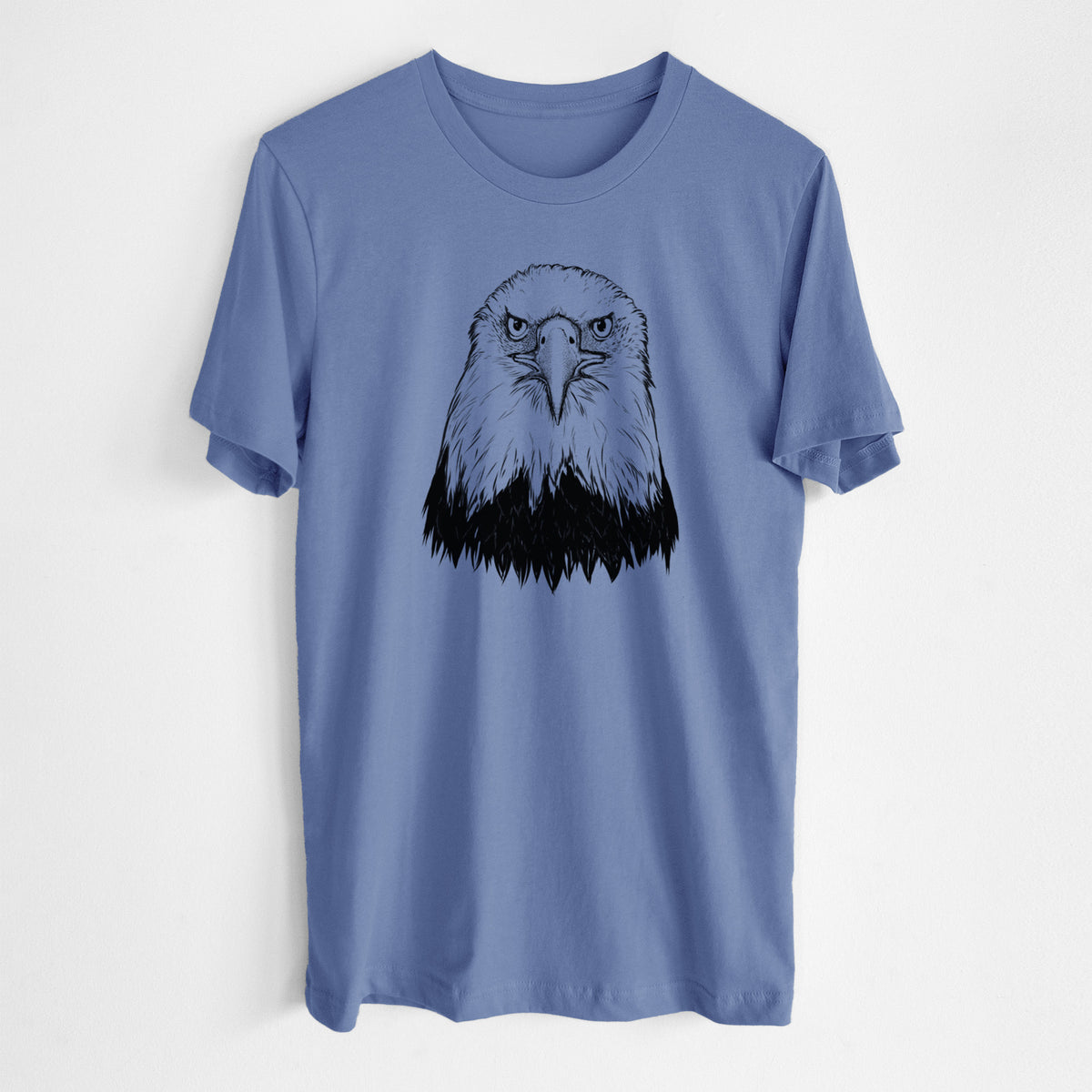 Blue bell lightweight cotton t-shirt laid flat, printed with a detailed black ink portrait of a bald eagle facing forward.