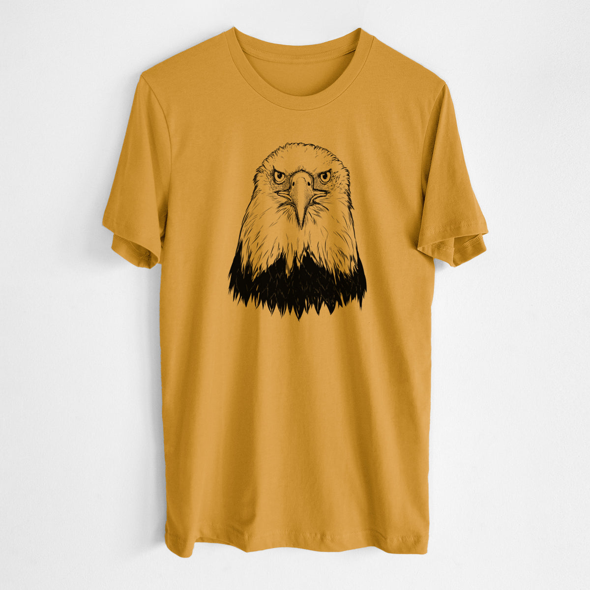 Honeycomb yellow lightweight cotton t-shirt laid flat, printed with a detailed black ink portrait of a bald eagle facing forward.
