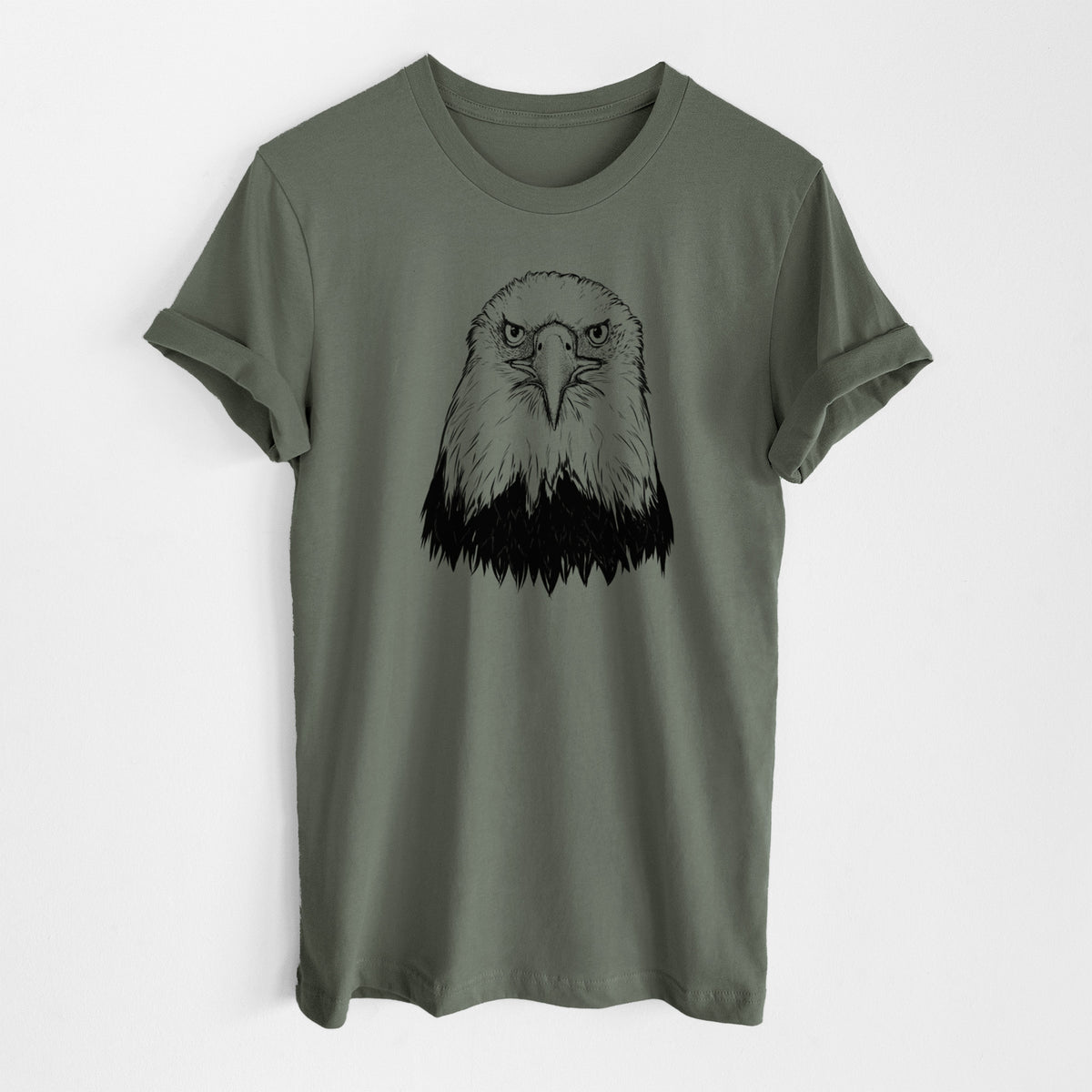 Military green lightweight cotton t-shirt laid flat, printed with a detailed black ink portrait of a bald eagle facing forward.
