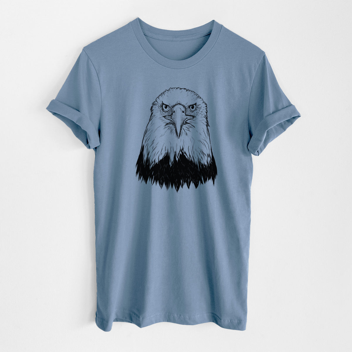 Steel blue lightweight cotton t-shirt laid flat, printed with a detailed black ink portrait of a bald eagle facing forward.