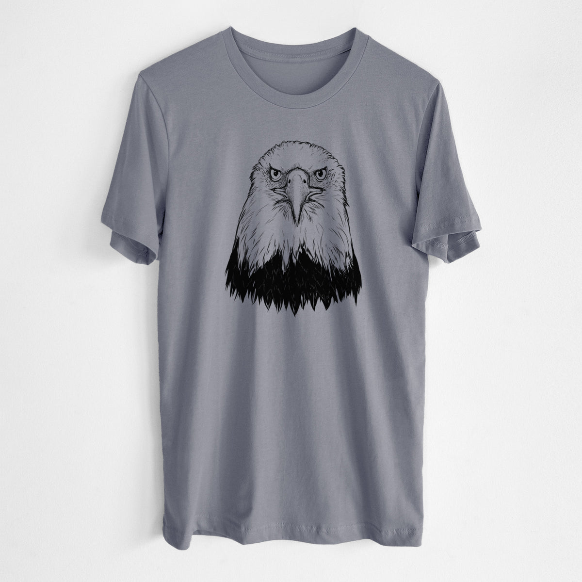 Storm grey lightweight cotton t-shirt laid flat, printed with a detailed black ink portrait of a bald eagle facing forward.