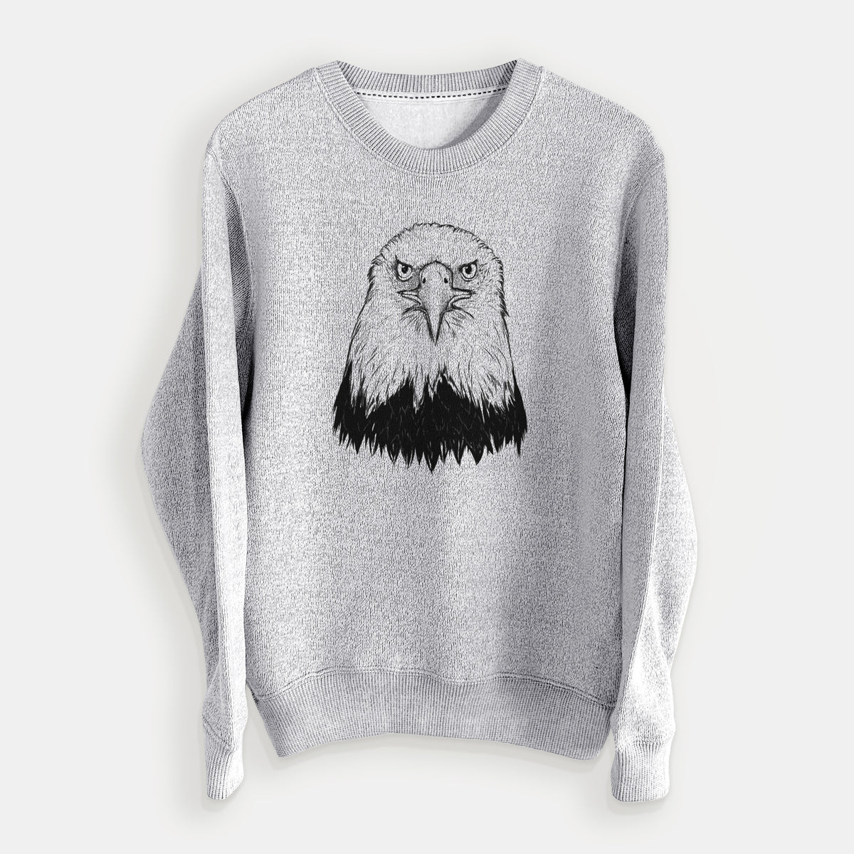 Salt and pepper knit sweatshirt laid flat, printed with a detailed black ink portrait of a bald eagle facing forward.