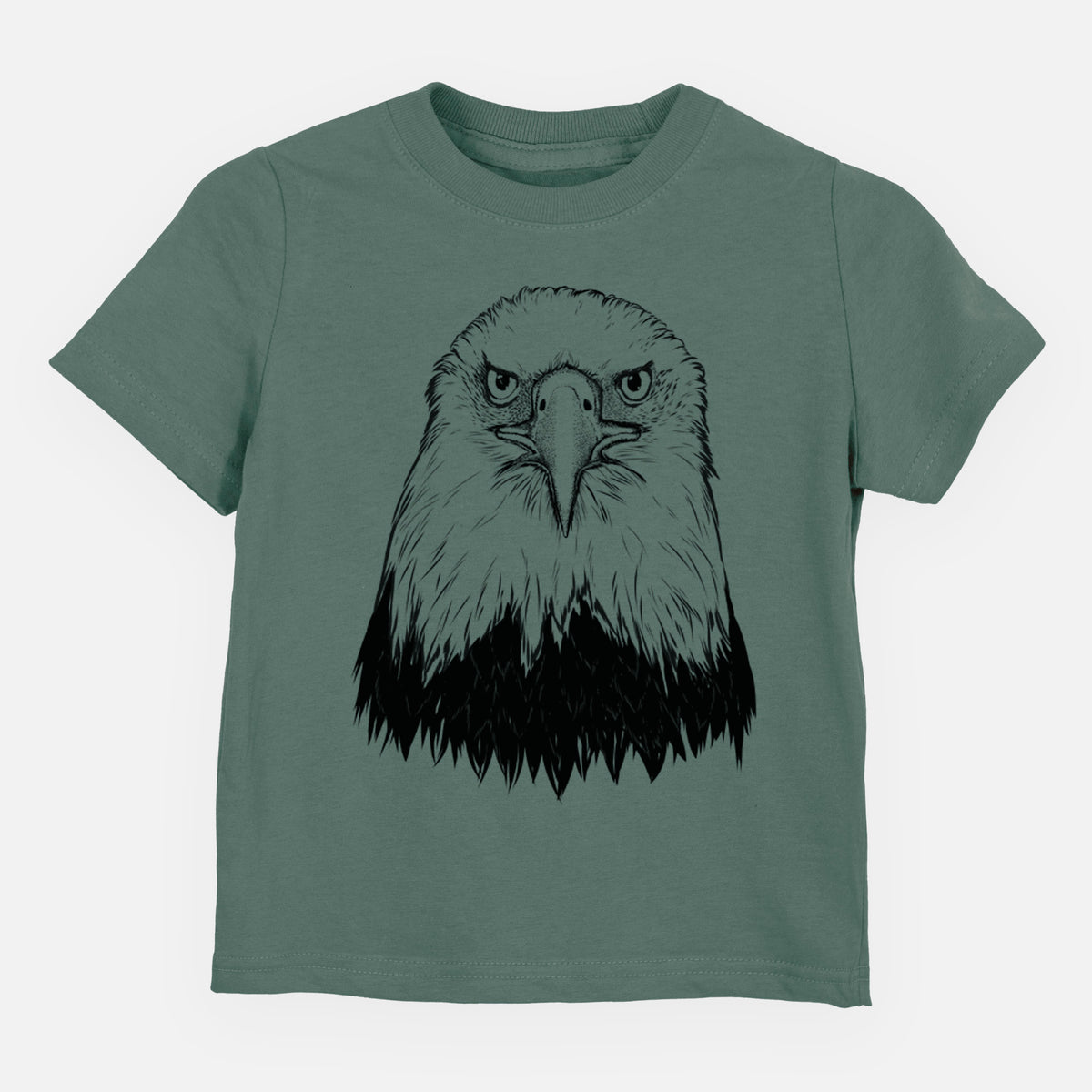 Basil green toddler t-shirt laid flat, printed with a detailed black ink portrait of a bald eagle facing forward.