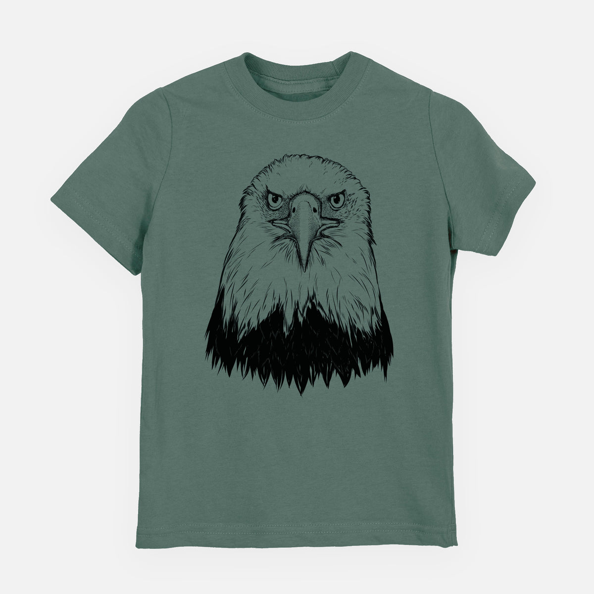 Basil green youth t-shirt laid flat, printed with a detailed black ink portrait of a bald eagle facing forward.