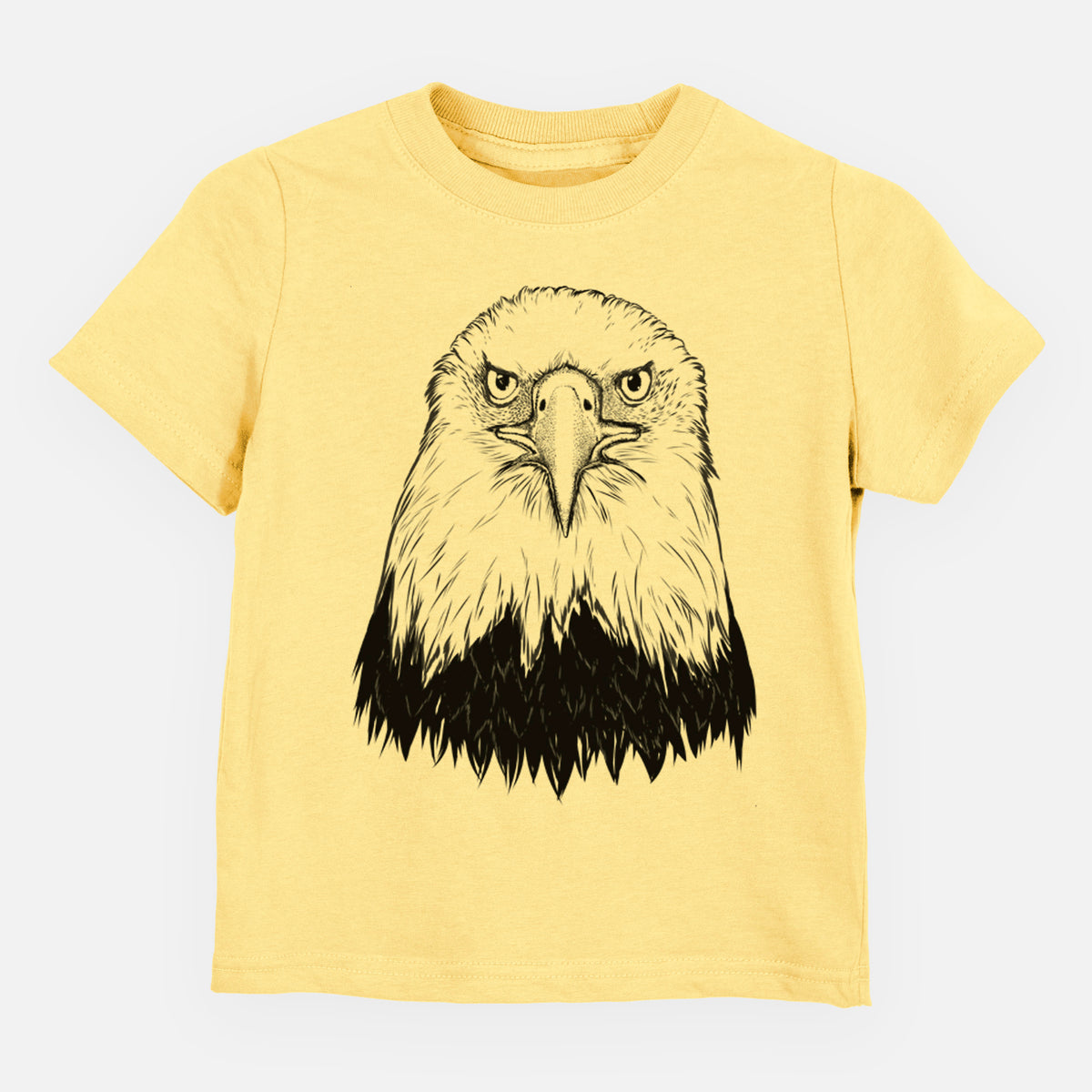 Butter yellow toddler t-shirt laid flat, printed with a detailed black ink portrait of a bald eagle facing forward.