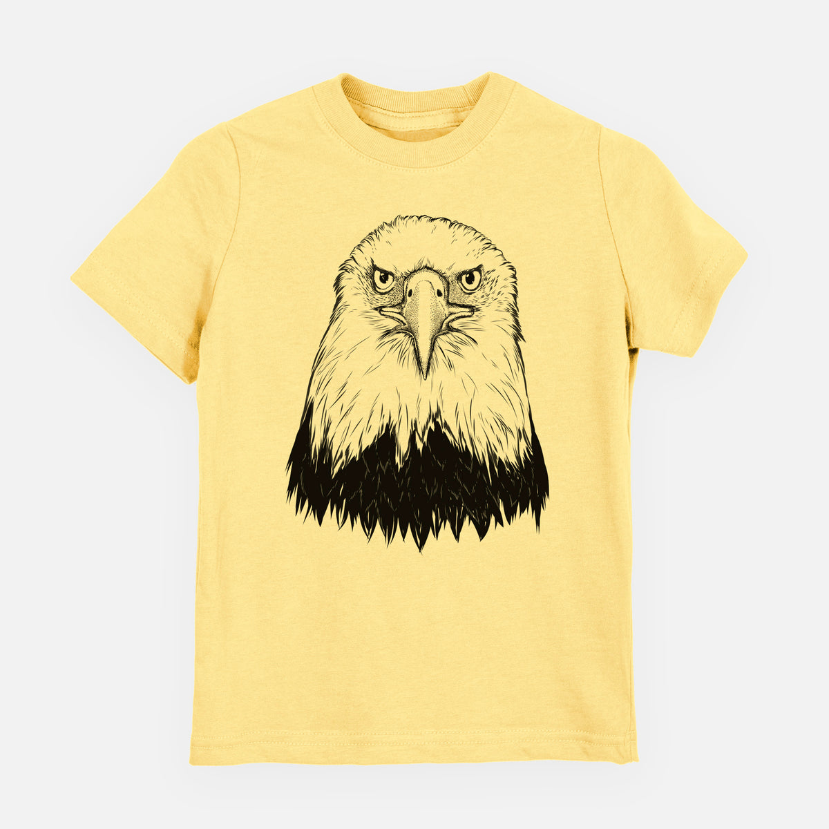 Butter yellow youth t-shirt laid flat, printed with a detailed black ink portrait of a bald eagle facing forward.