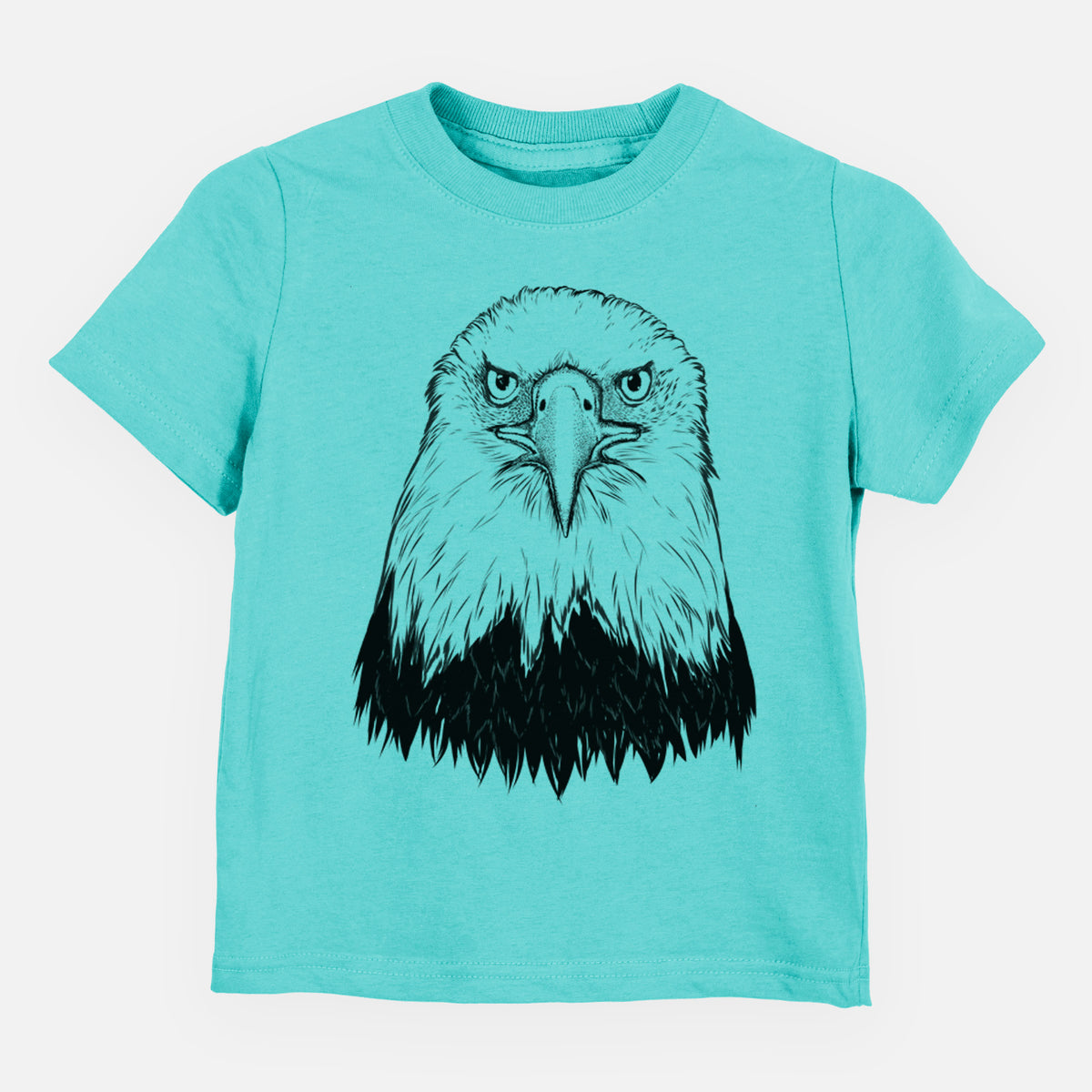 Caribbean blue toddler t-shirt laid flat, printed with a detailed black ink portrait of a bald eagle facing forward.