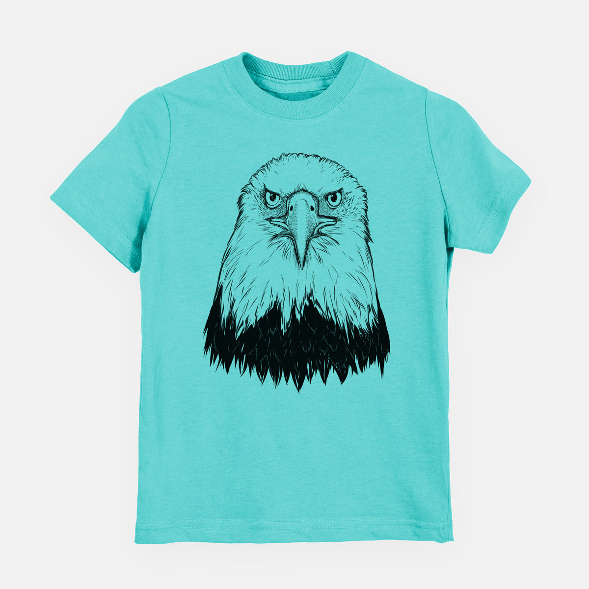 Caribbean blue youth t-shirt laid flat, printed with a detailed black ink portrait of a bald eagle facing forward.