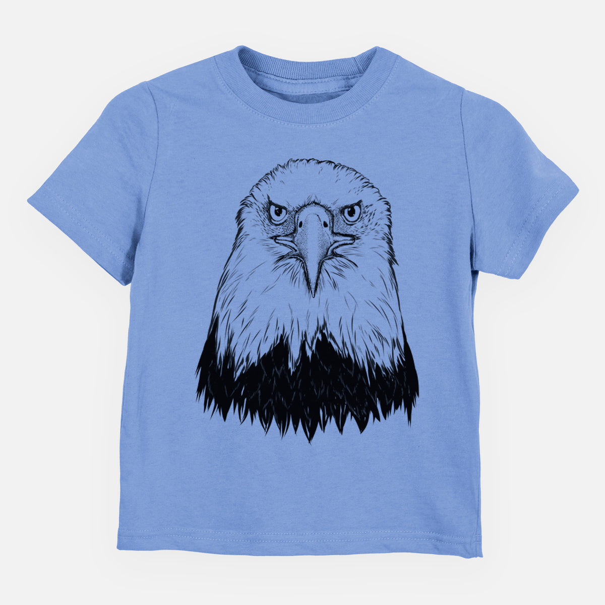 Carolina blue toddler t-shirt laid flat, printed with a detailed black ink portrait of a bald eagle facing forward.