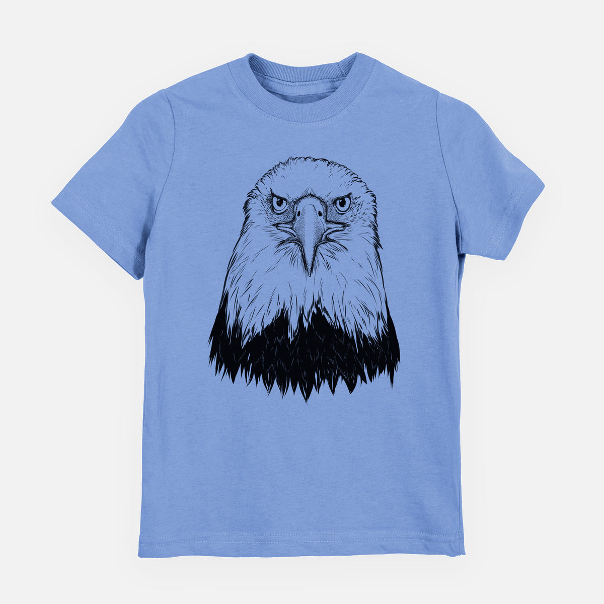 Carolina blue youth t-shirt laid flat, printed with a detailed black ink portrait of a bald eagle facing forward.