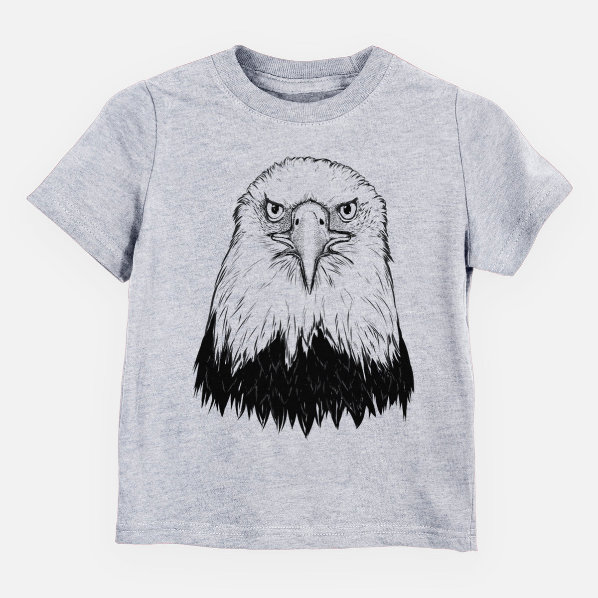 Heather grey toddler t-shirt laid flat, printed with a detailed black ink portrait of a bald eagle facing forward.