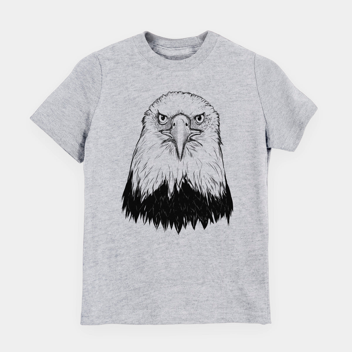 Heather grey youth t-shirt laid flat, printed with a detailed black ink portrait of a bald eagle facing forward.