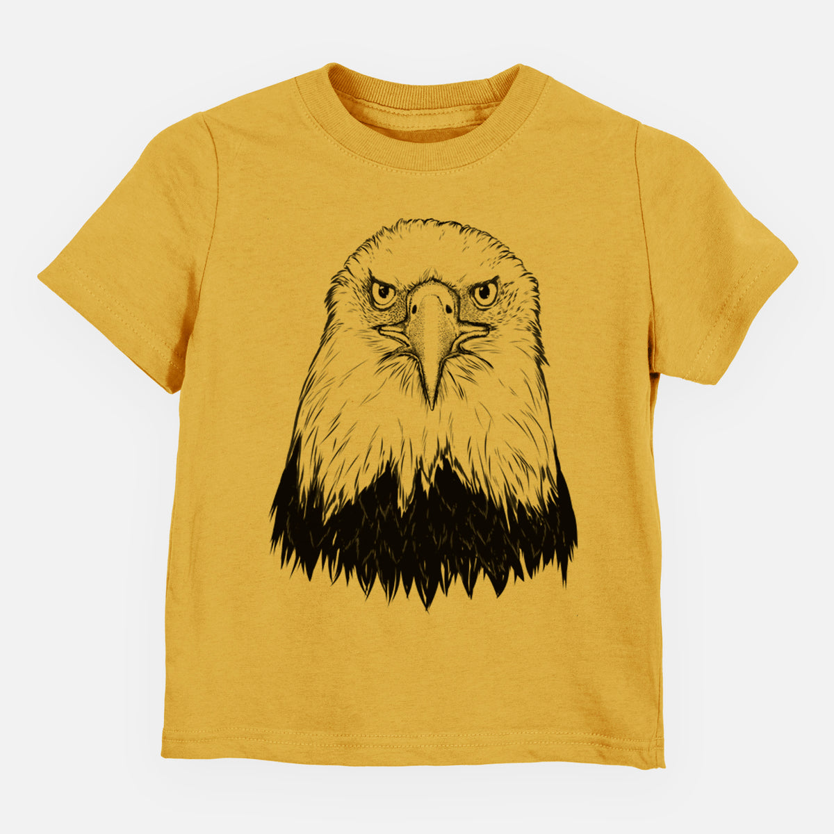 Honeycomb yellow toddler t-shirt laid flat, printed with a detailed black ink portrait of a bald eagle facing forward.