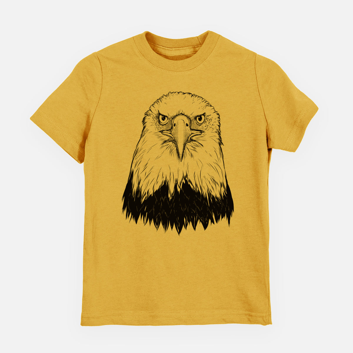 Honeycomb yellow youth t-shirt laid flat, printed with a detailed black ink portrait of a bald eagle facing forward.