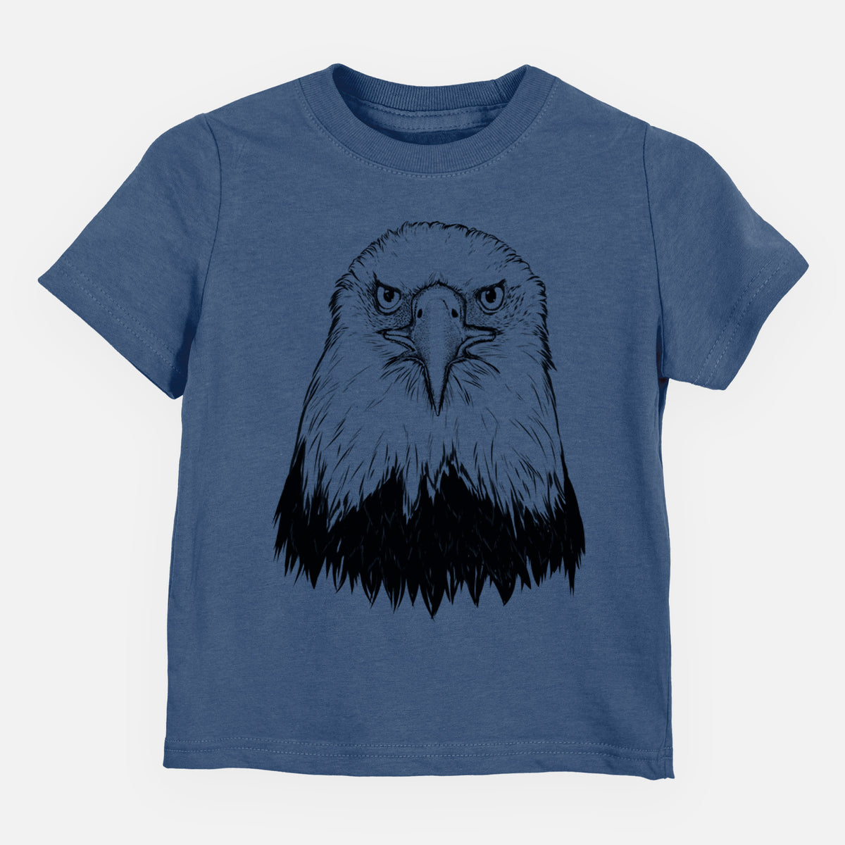Indigo blue toddler t-shirt laid flat, printed with a detailed black ink portrait of a bald eagle facing forward.