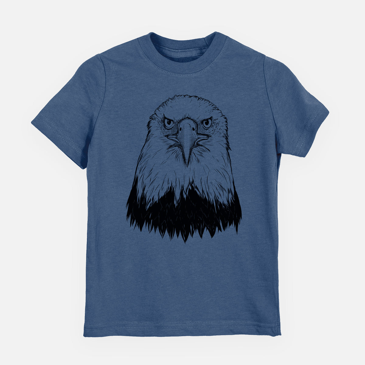 Indigo blue youth t-shirt laid flat, printed with a detailed black ink portrait of a bald eagle facing forward.
