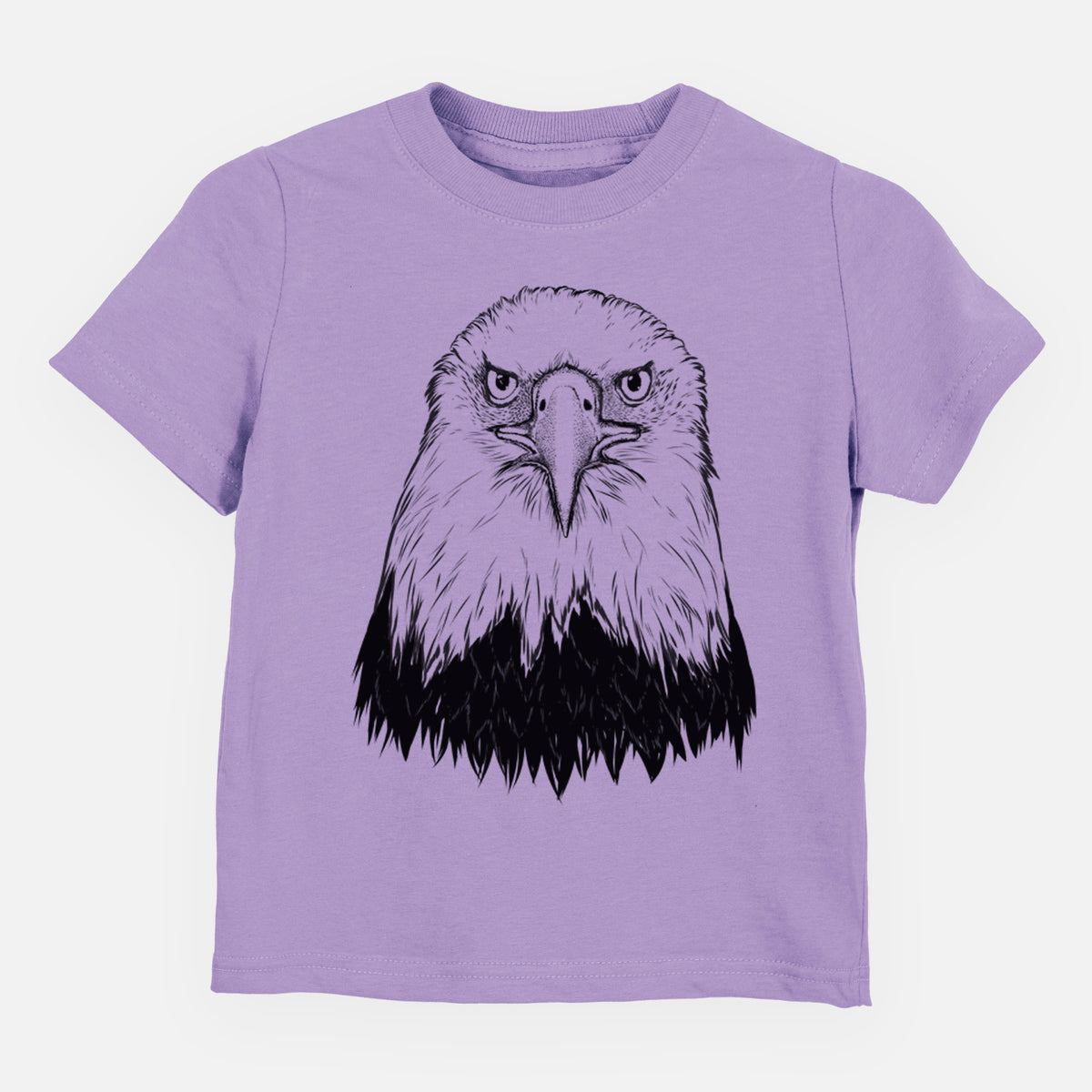 Lavender toddler t-shirt laid flat, printed with a detailed black ink portrait of a bald eagle facing forward.