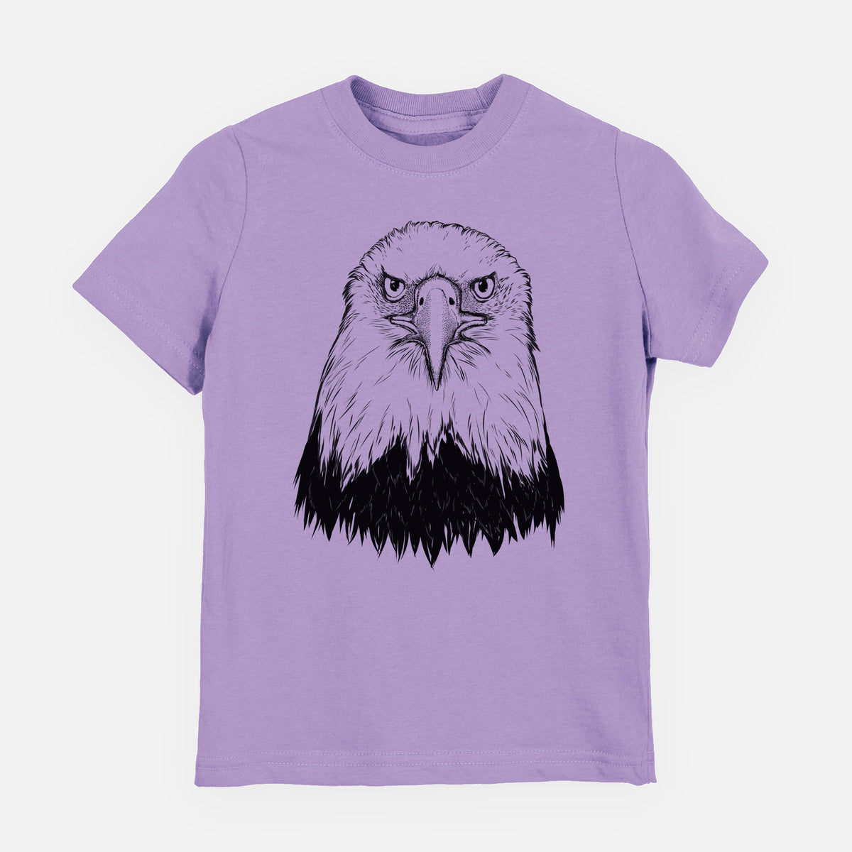 Lavender youth t-shirt laid flat, printed with a detailed black ink portrait of a bald eagle facing forward.