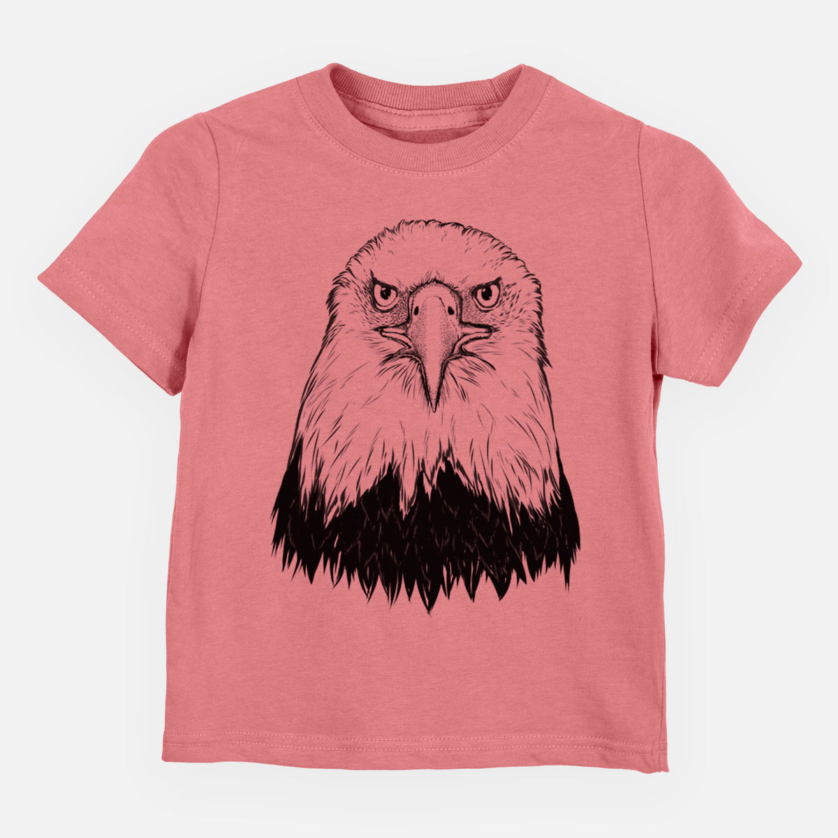Mauve pink toddler t-shirt laid flat, printed with a detailed black ink portrait of a bald eagle facing forward.