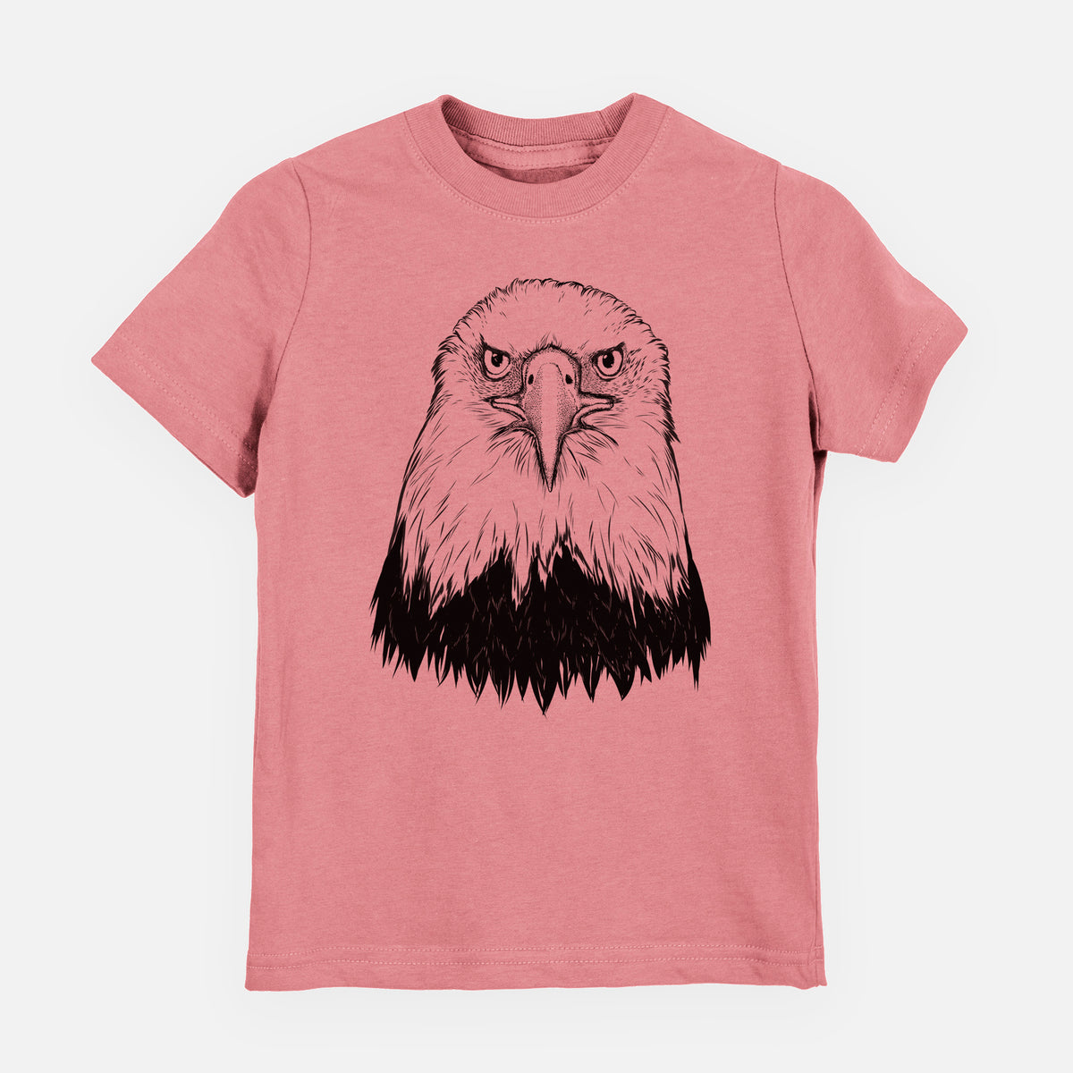 Mauve pink youth t-shirt laid flat, printed with a detailed black ink portrait of a bald eagle facing forward.