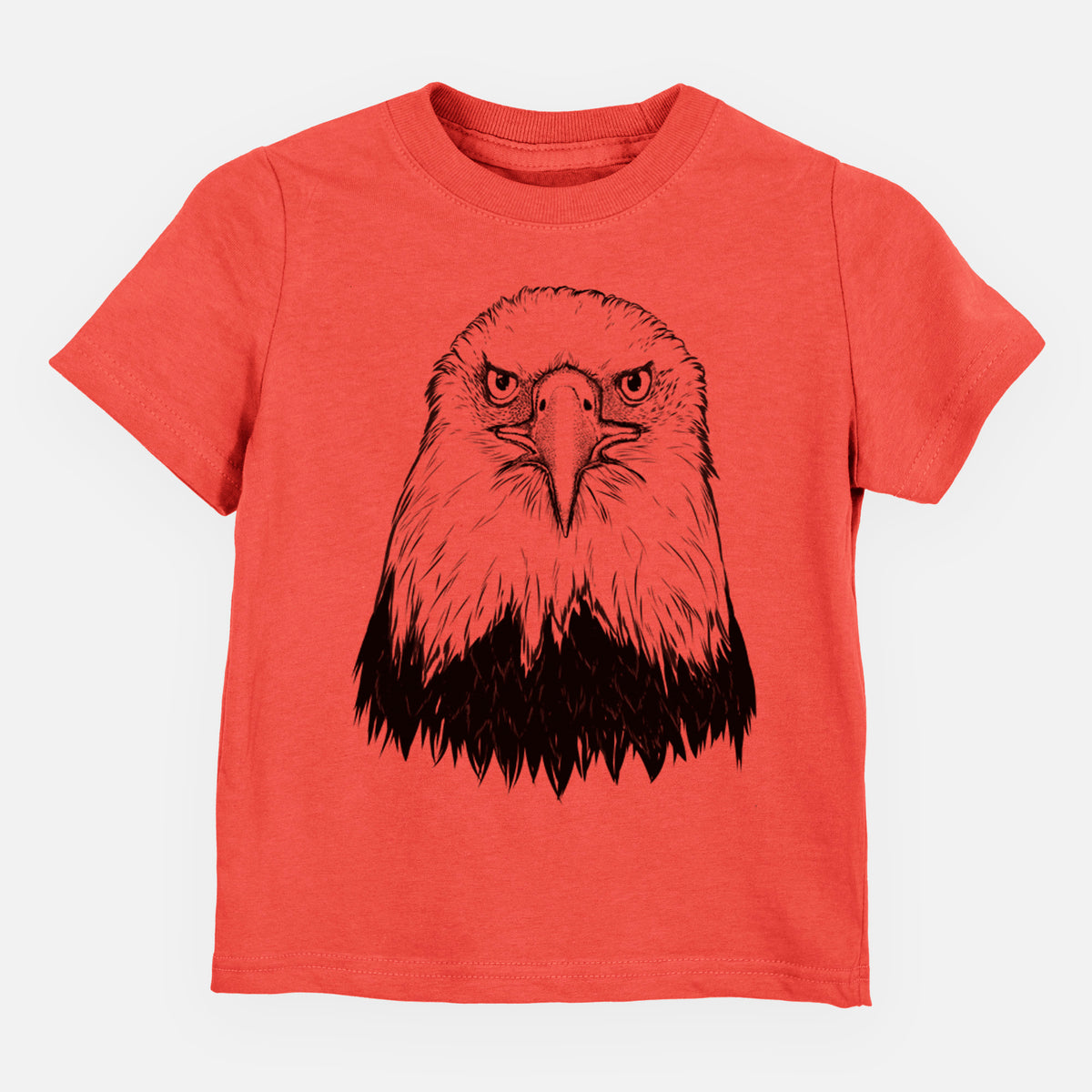Passionfruit pink toddler t-shirt laid flat, printed with a detailed black ink portrait of a bald eagle facing forward.