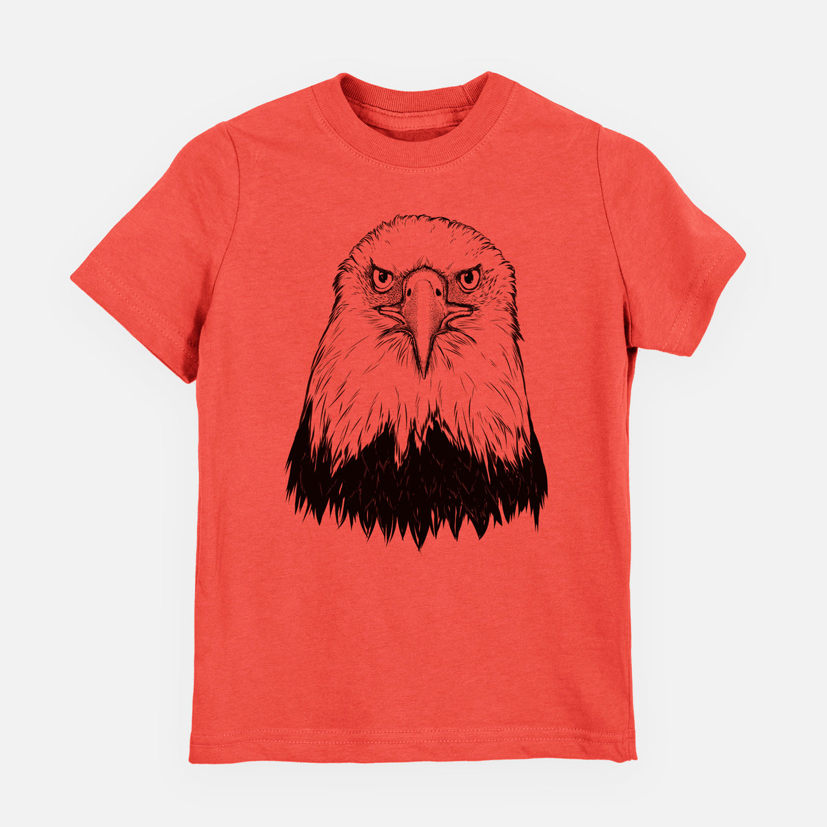 Passionfruit pink youth t-shirt laid flat, printed with a detailed black ink portrait of a bald eagle facing forward.