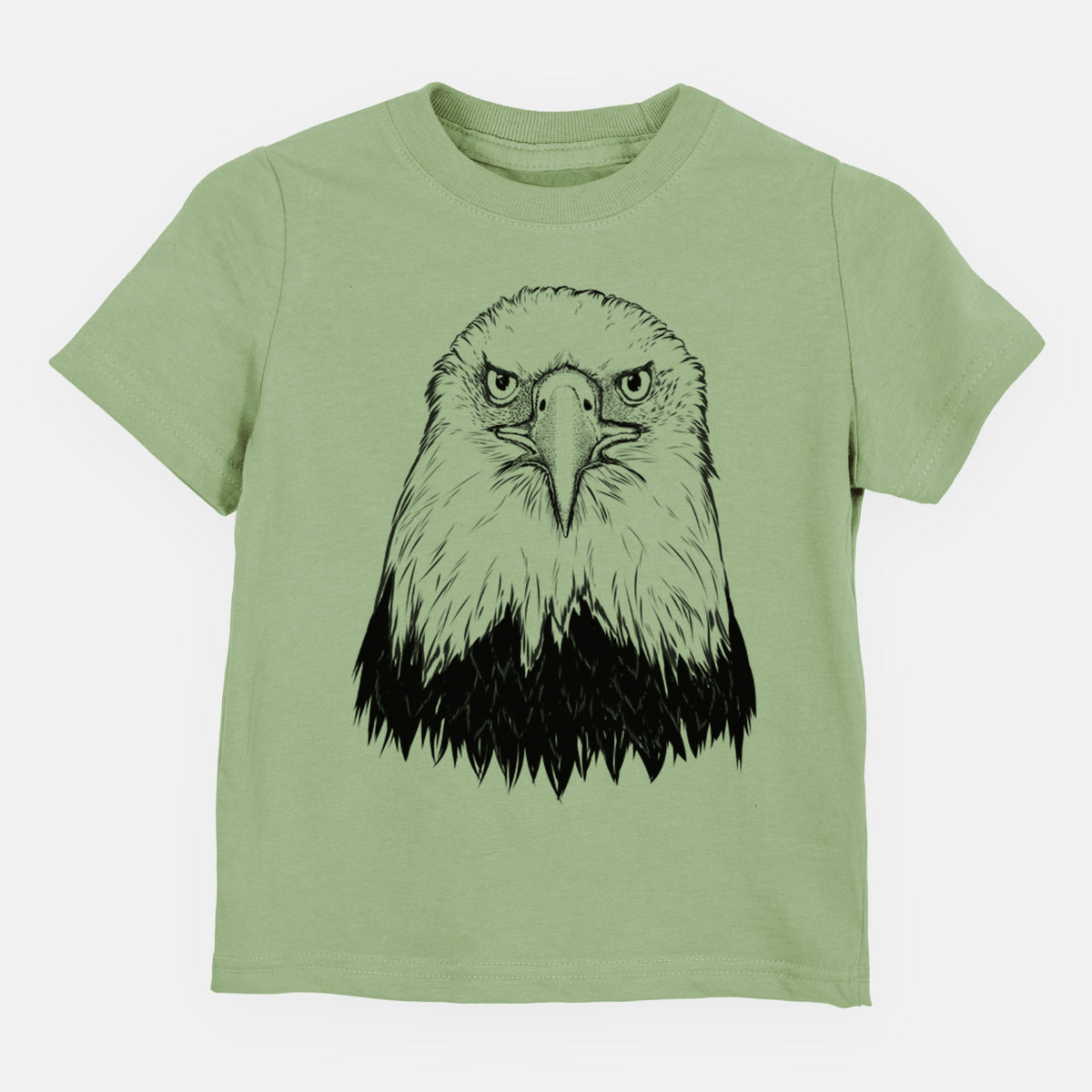 Sage green toddler t-shirt laid flat, printed with a detailed black ink portrait of a bald eagle facing forward.