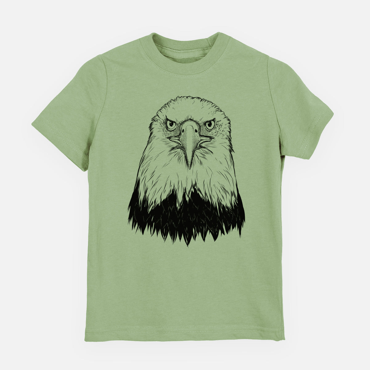 Sage green youth t-shirt laid flat, printed with a detailed black ink portrait of a bald eagle facing forward.
