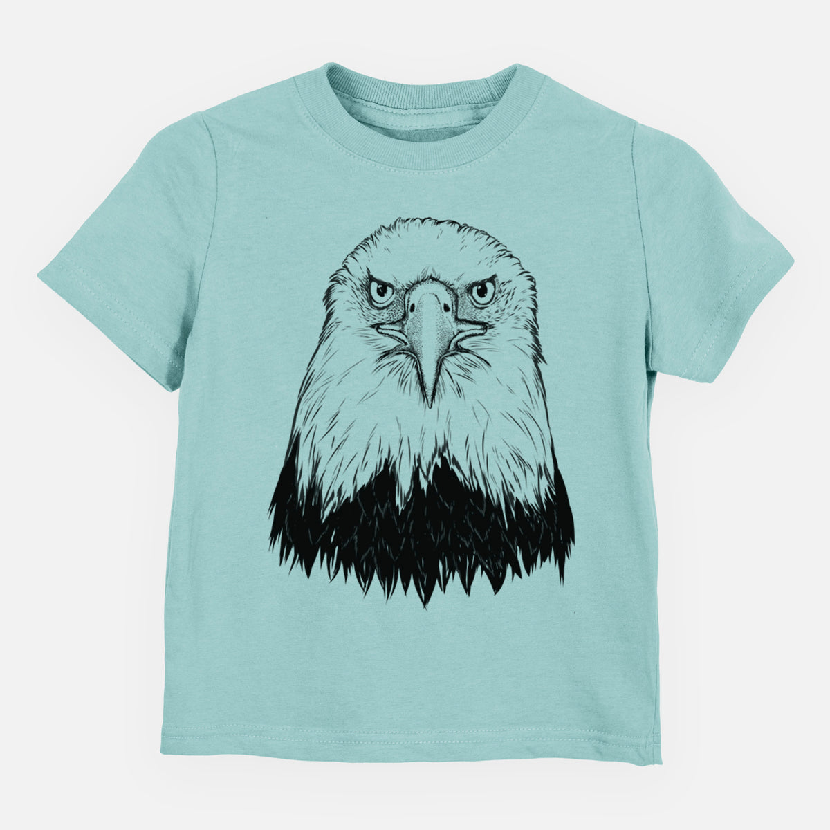 Saltwater toddler t-shirt laid flat, printed with a detailed black ink portrait of a bald eagle facing forward.