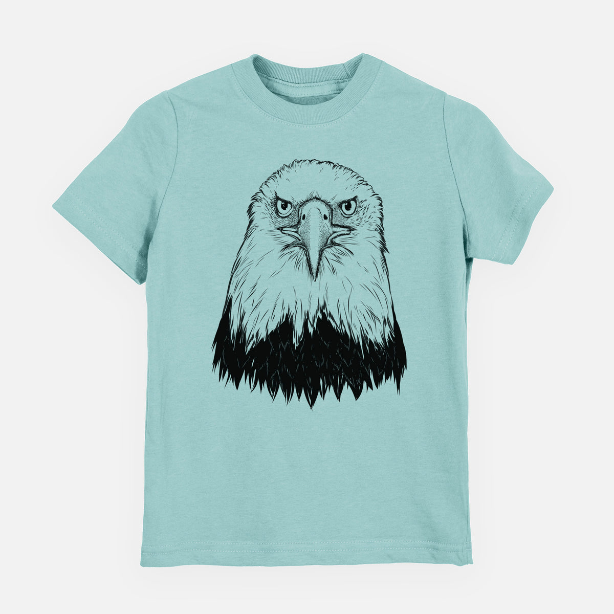 Saltwater youth t-shirt laid flat, printed with a detailed black ink portrait of a bald eagle facing forward.