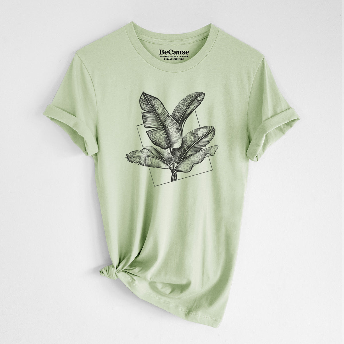 Spring green lightweight cotton t-shirt laid flat with the sleeves rolled, printed with a black ink illustration of banana leaves in front of a square outline.