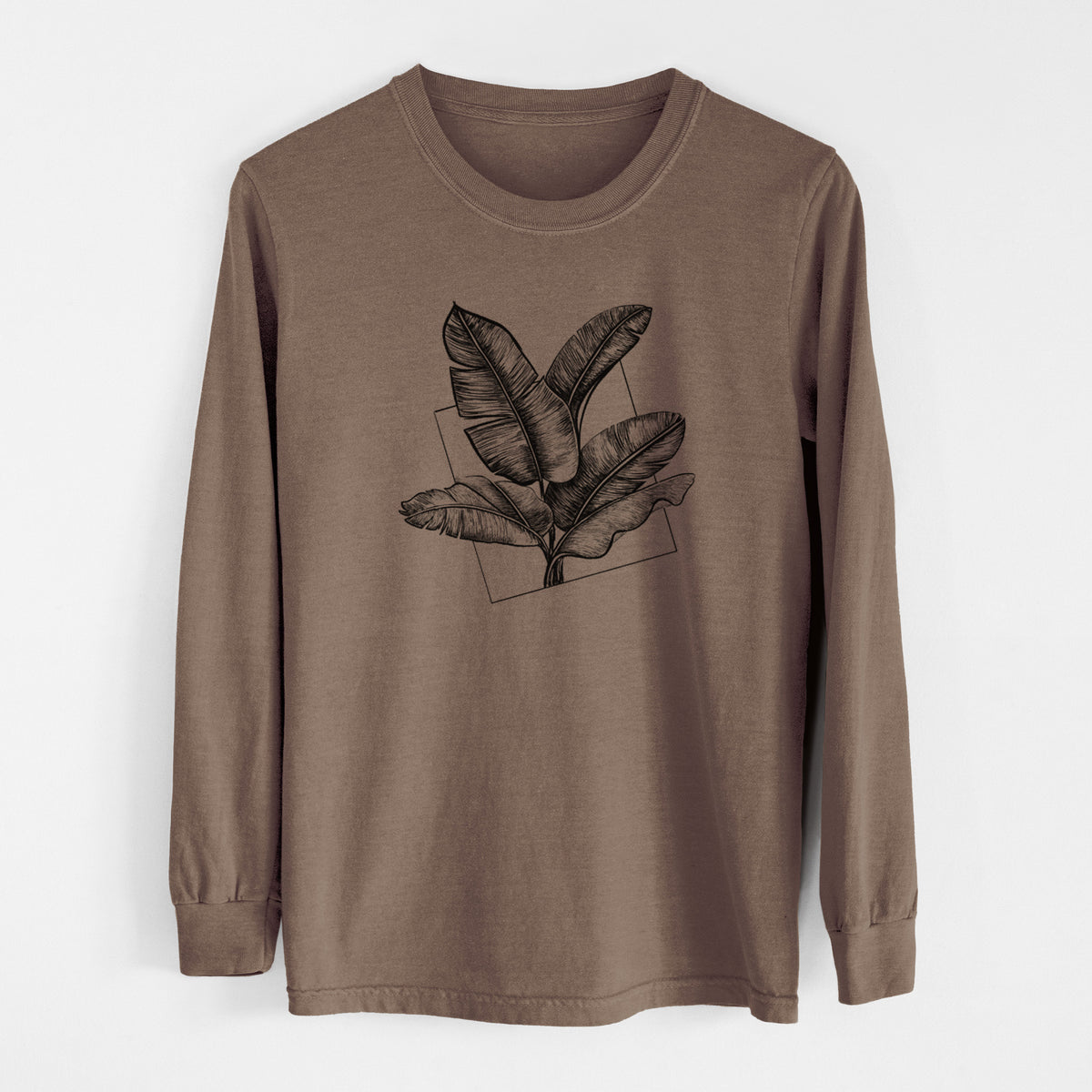 Espresso brown Comfort Colors long sleeve shirt laid flat, printed with a black ink illustration of banana leaves in front of a square outline.