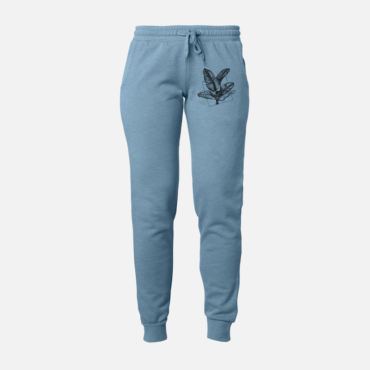 Front of misty blue Cali Wave sweatpants, printed with a black ink illustration of banana leaves in front of a square outline on the leg.