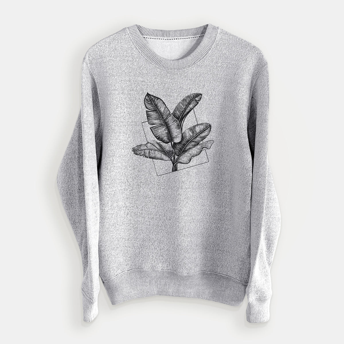 Salt and pepper knit sweatshirt laid flat, printed with a black ink illustration of banana leaves in front of a square outline.