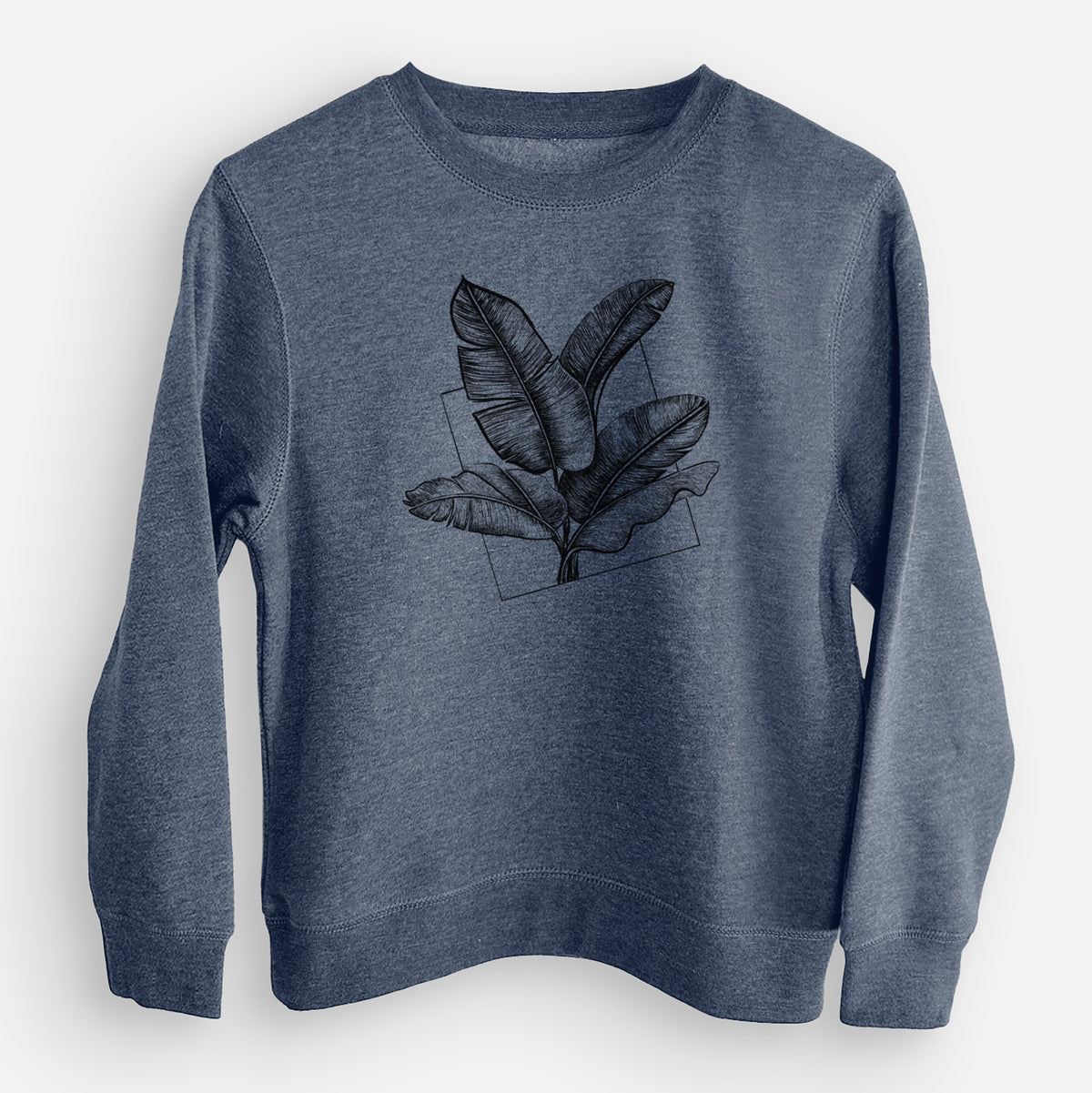 Storm blue youth crewneck sweatshirt laid flat, printed with a black ink illustration of banana leaves in front of a square outline.