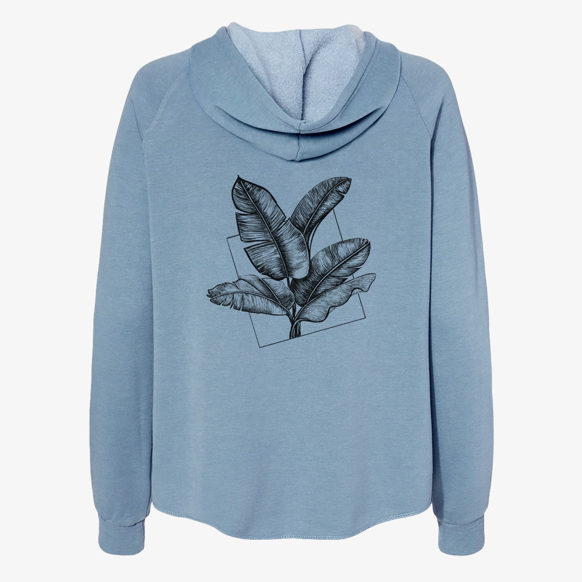 Misty blue women's Cali Wave zip-up sweatshirt laid flat, printed with a black ink illustration of banana leaves in front of a square outline.