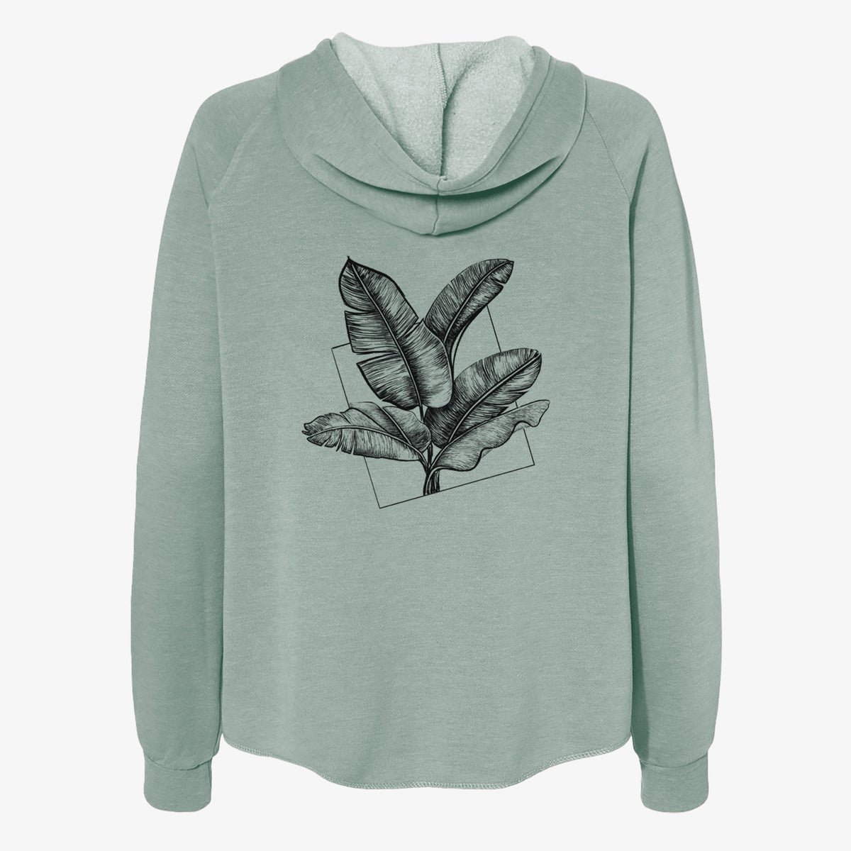 Sage green women's Cali Wave zip-up sweatshirt laid flat, printed with a black ink illustration of banana leaves in front of a square outline.