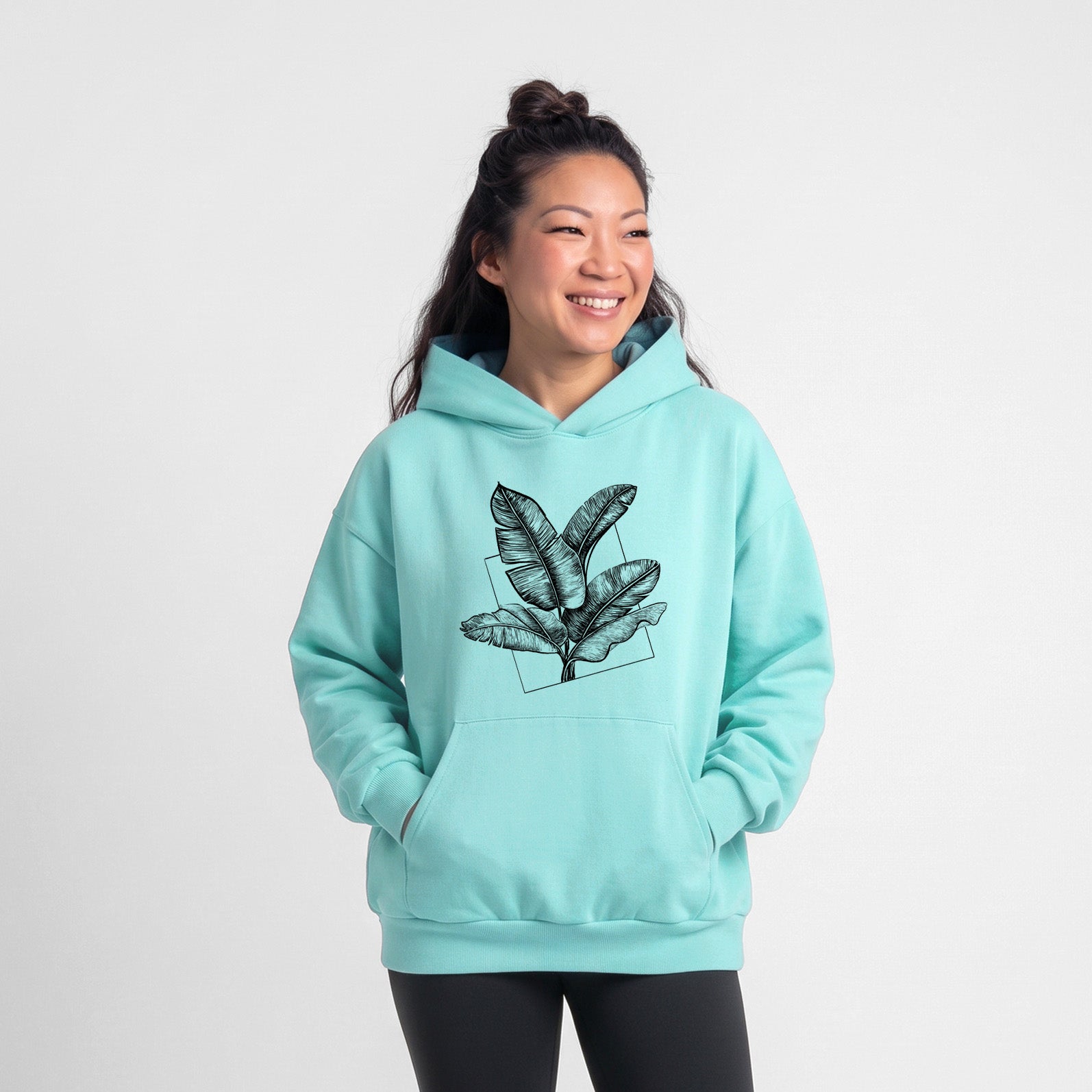 Banana Plant Leaves - Statement Midweight Hoodie in Violet, laid flat, showing the oversized boxy fit and front kangaroo pocket.
