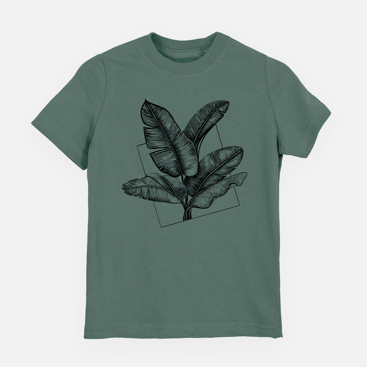 Basil green youth t-shirt laid flat, printed with a black ink illustration of banana leaves in front of a square outline.