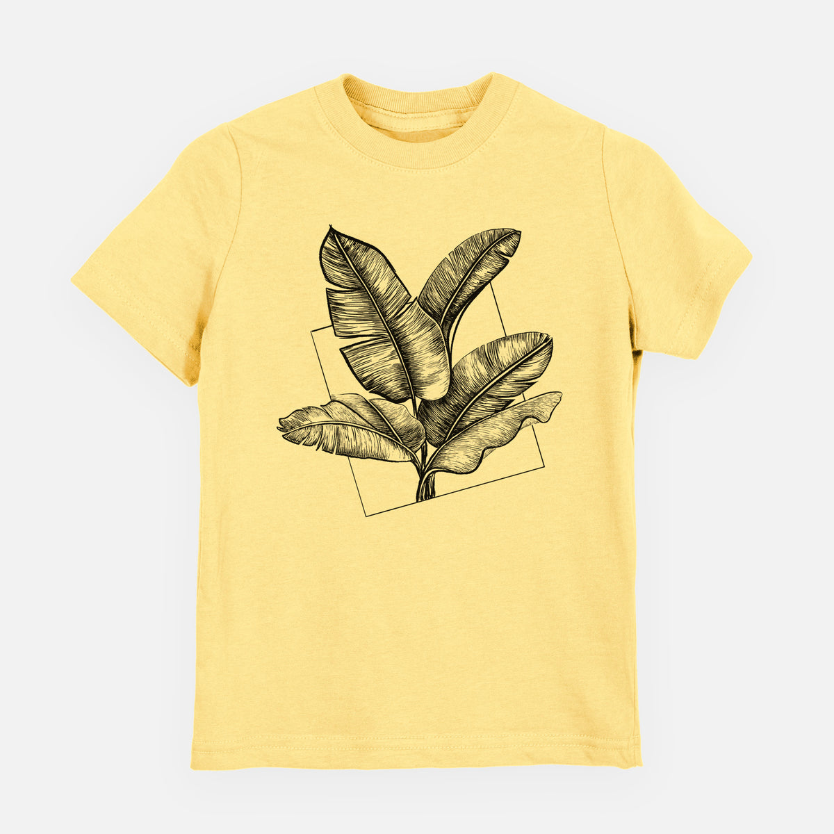 Butter yellow youth t-shirt laid flat, printed with a black ink illustration of banana leaves in front of a square outline.