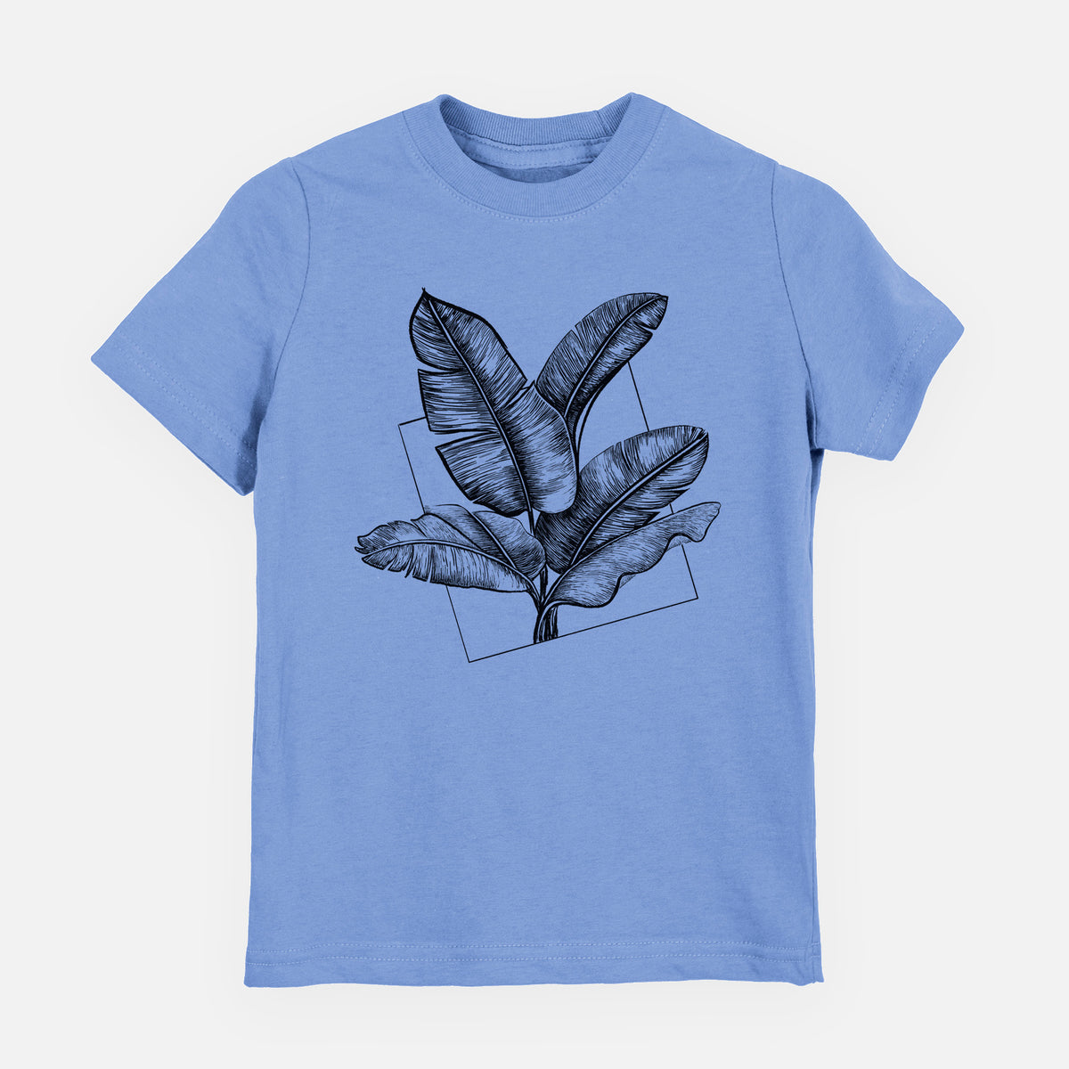 Carolina blue youth t-shirt laid flat, printed with a black ink illustration of banana leaves in front of a square outline.