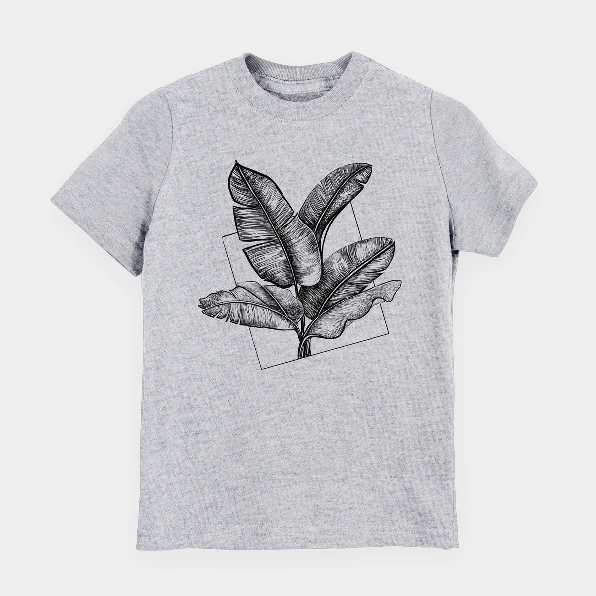 Heather grey youth t-shirt laid flat, printed with a black ink illustration of banana leaves in front of a square outline.